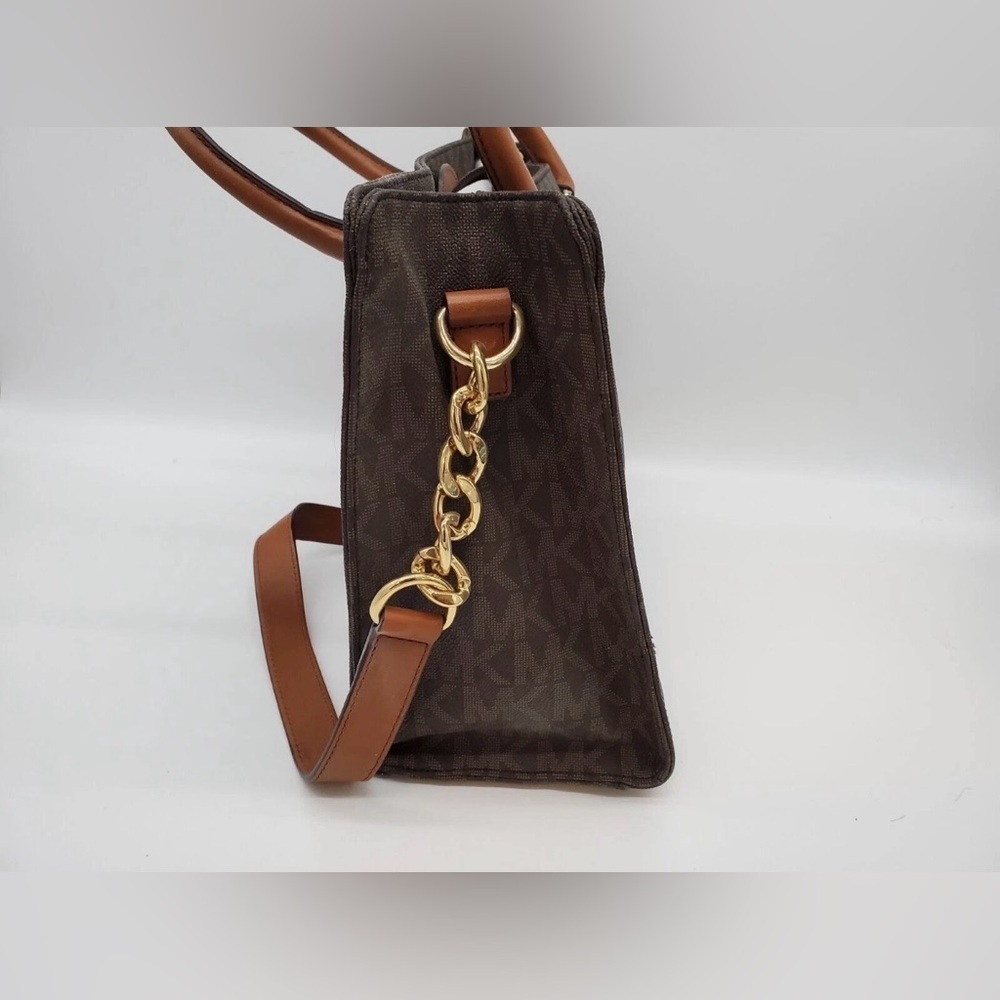 Michael Kors Large Brown Satchel Leather Shoulder Tote Bag Gold Accents MK Logo - Picture 4 of 13